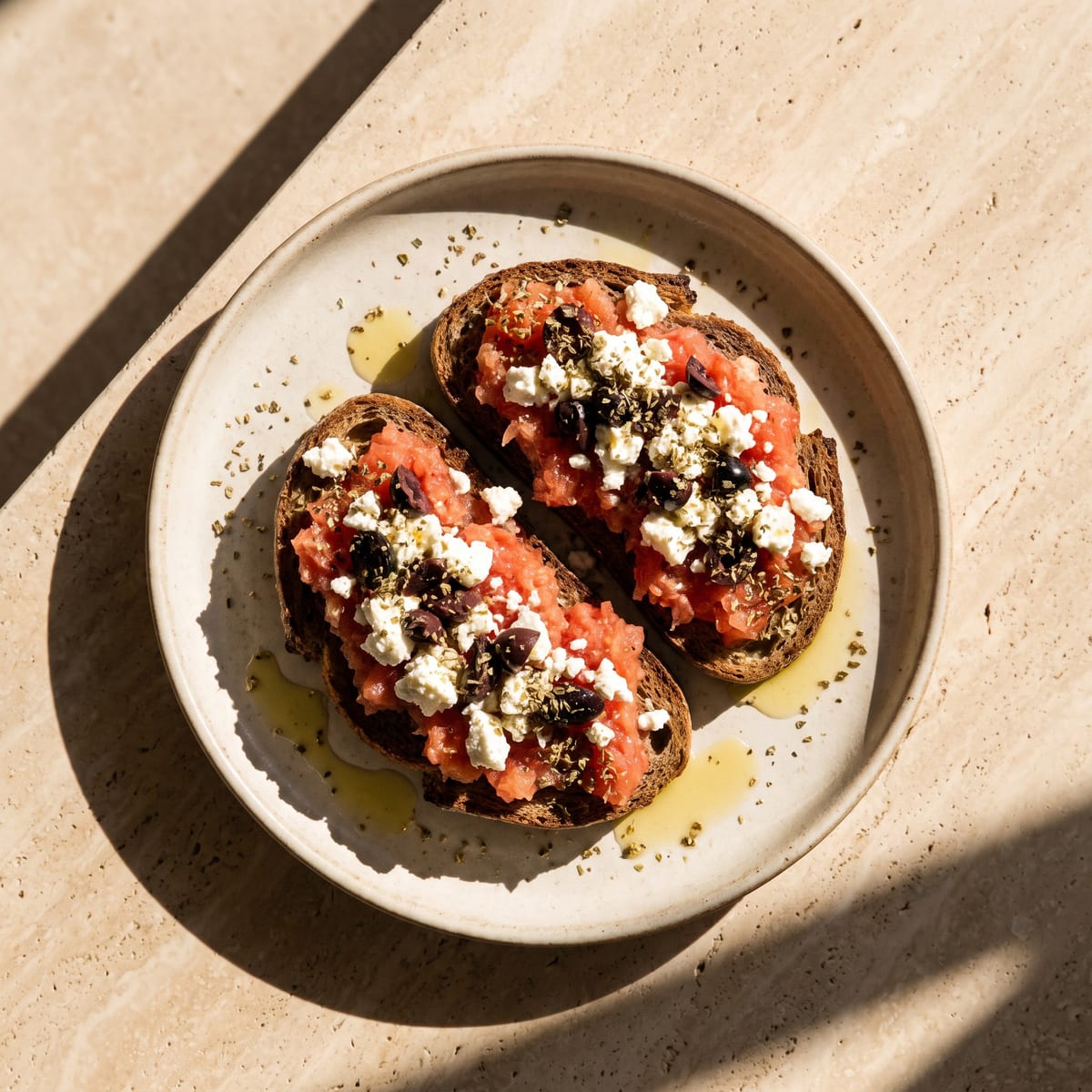 AI-generated photo: Dakos: grated tomato and feta on sourdough with olives and oregano