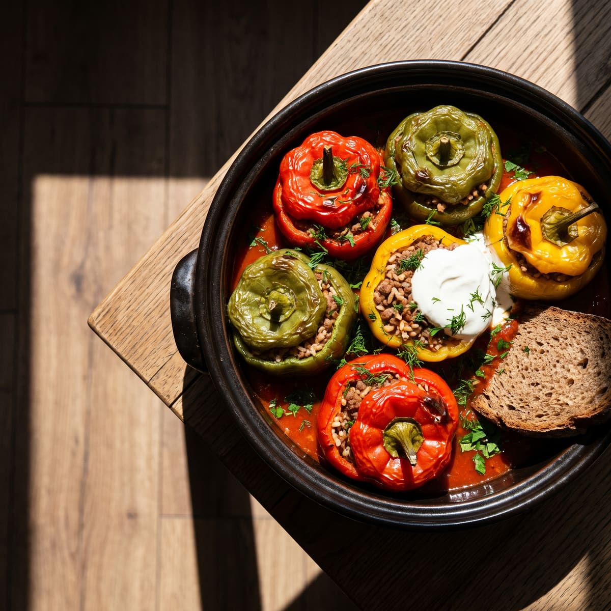 AI-generated photo: Romanian stuffed peppers in tomato sauce with sour cream
