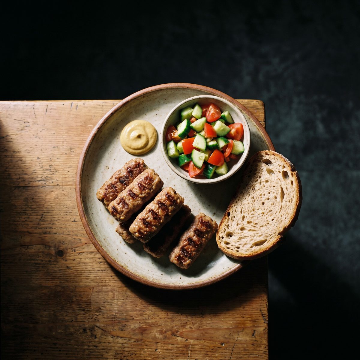 AI-generated photo: Garlic beef patties with polenta and salad