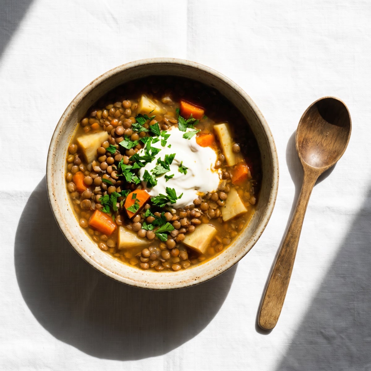 AI-generated photo: Romanian lentil soup with lemon and sour cream