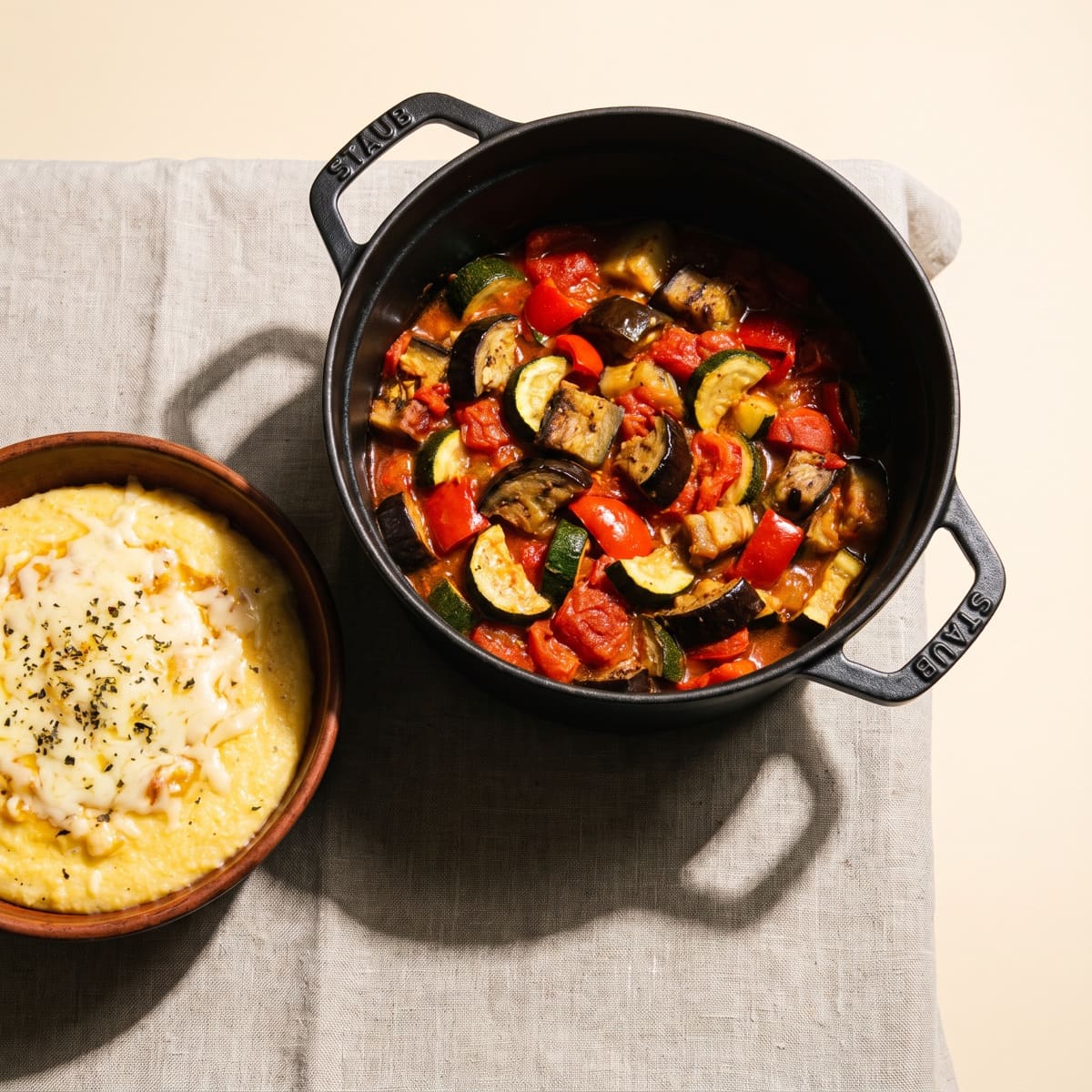AI-generated photo: Romanian vegetable stew with polenta and cheese