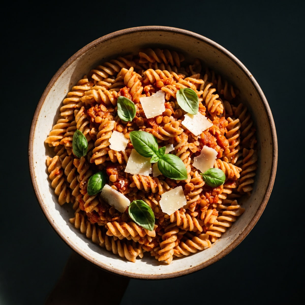 AI-generated photo: Whole grain pasta with red lentil and tomato ragu
