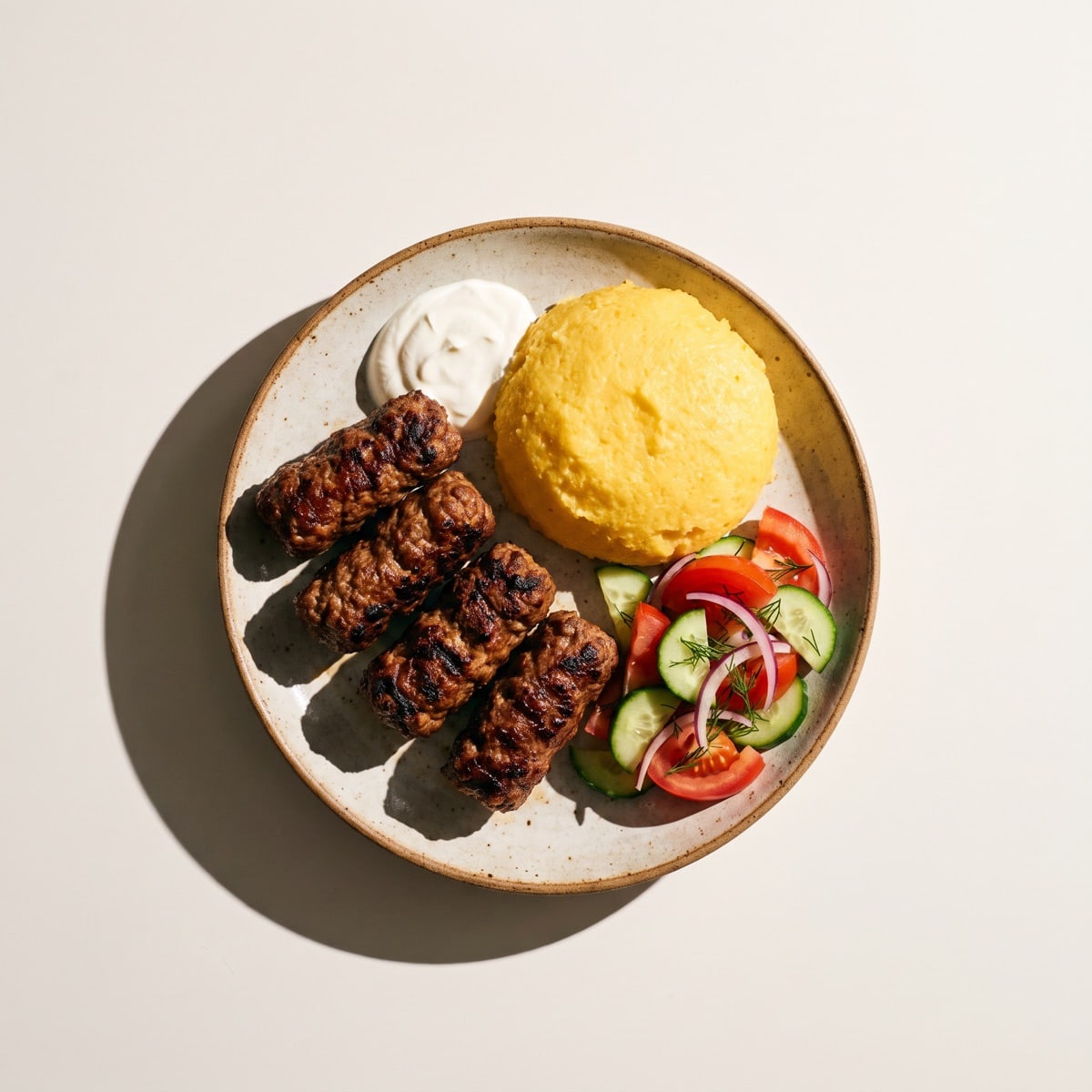 AI-generated photo: Garlic minced-meat rolls with polenta, sour cream and salad