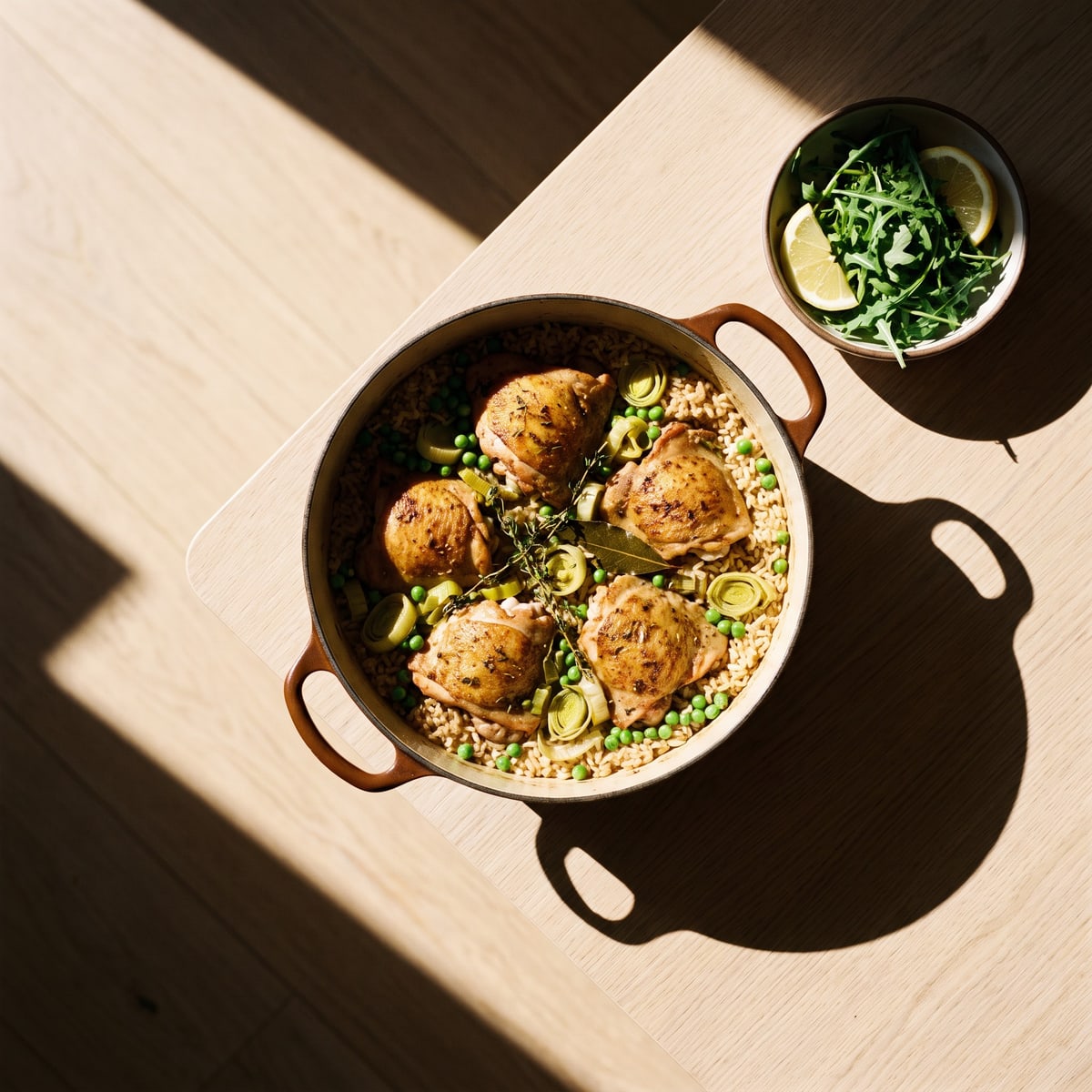 AI-generated photo: One-pot chicken with brown rice, leeks and peas