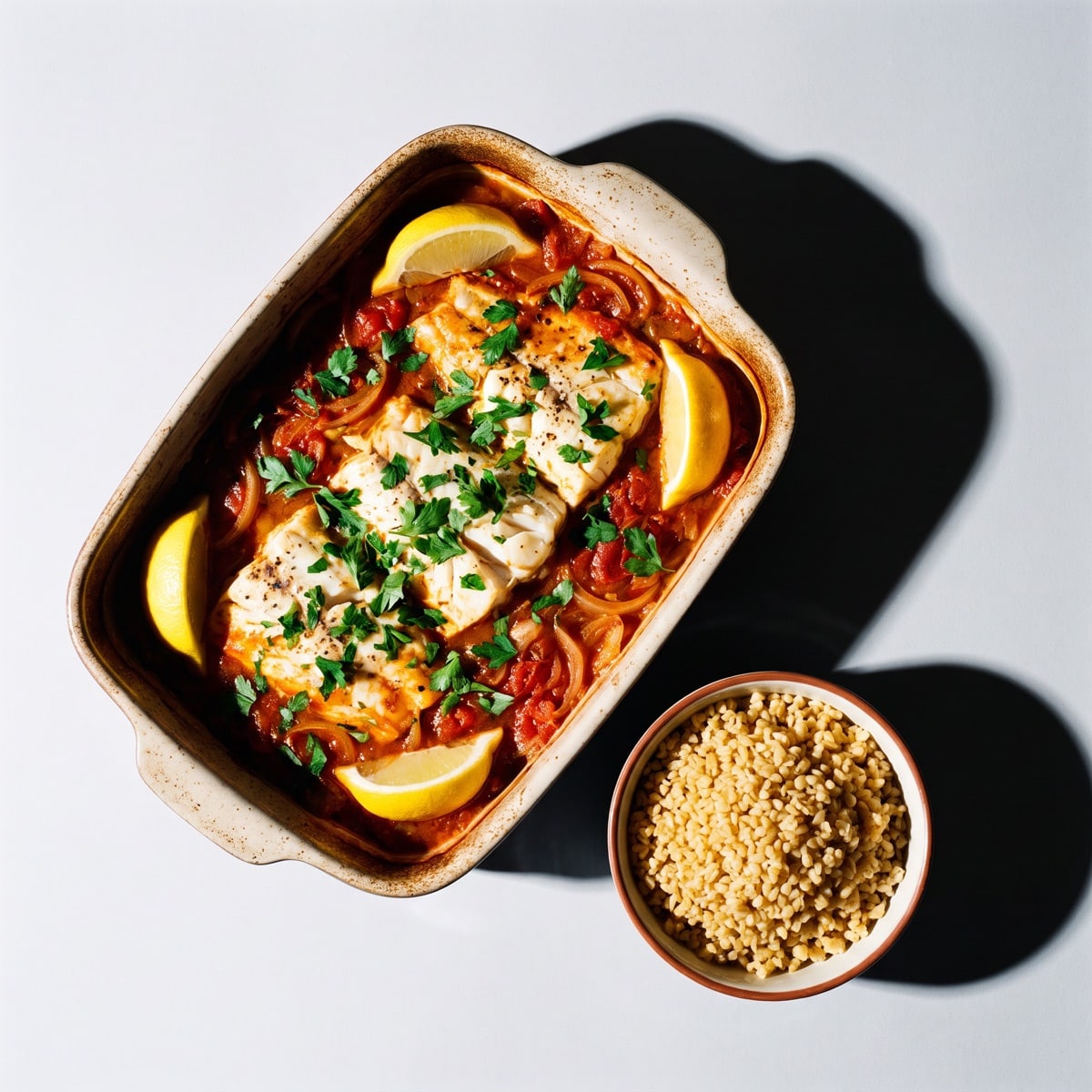 AI-generated photo: Greek baked white fish in tomato-onion sauce with bulgur