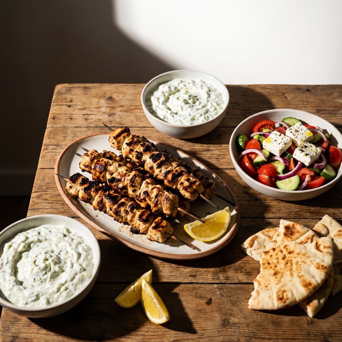 AI-generated photo: Chicken souvlaki plate with tzatziki, pita and tomato-cucumber salad