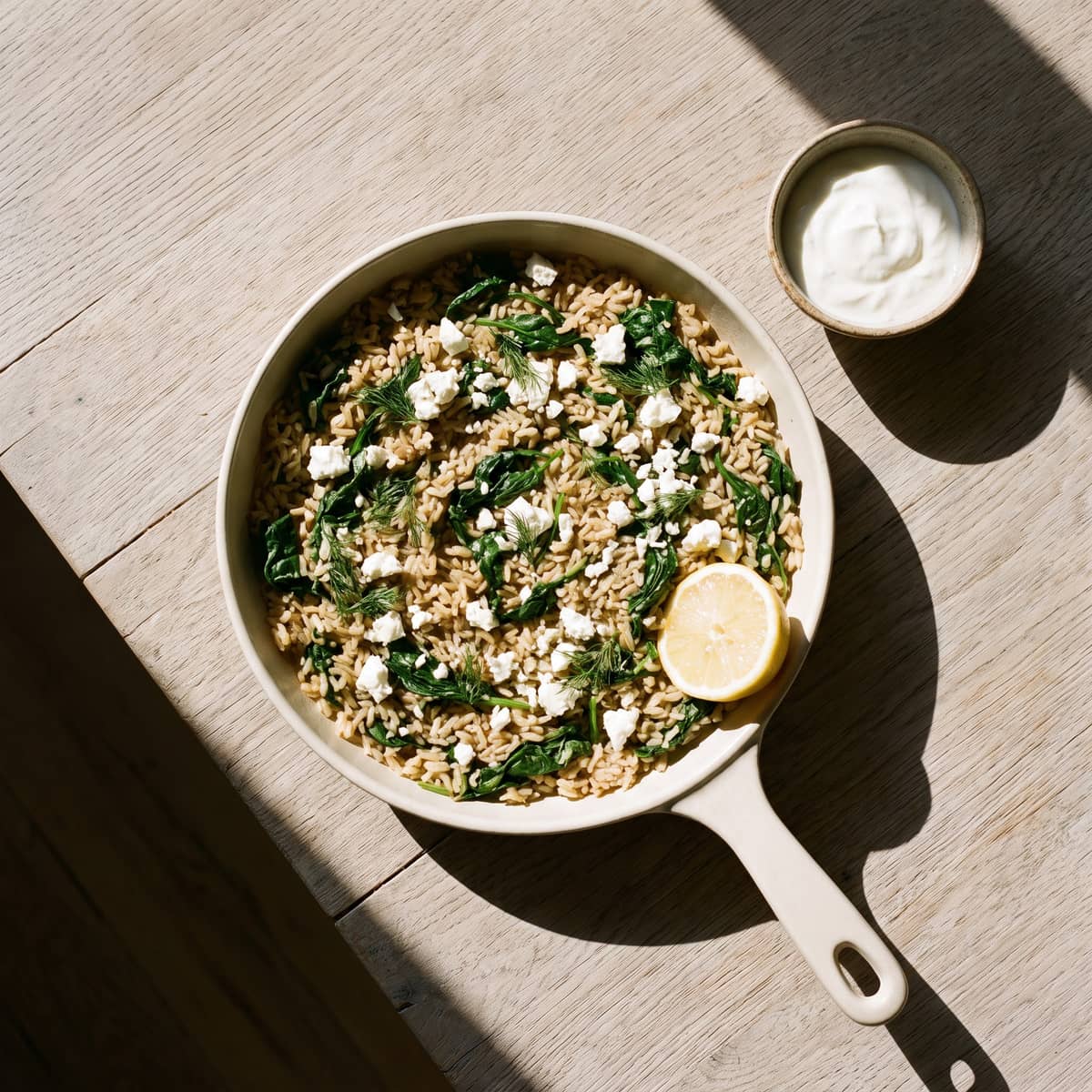 AI-generated photo: Spanakorizo: Greek spinach rice with dill, feta and lemon