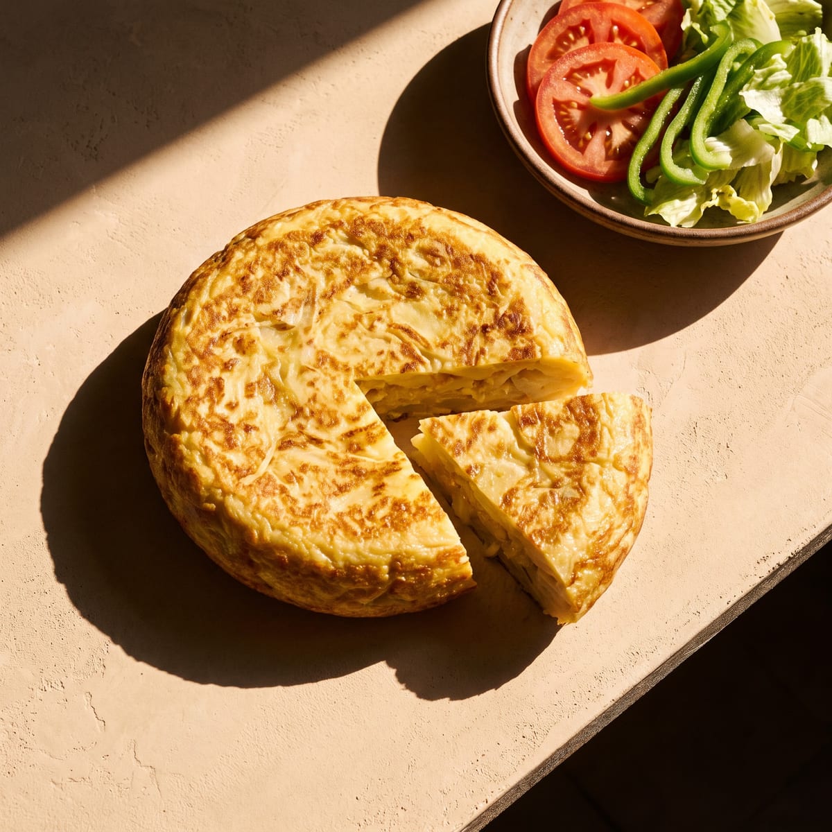 AI-generated photo: Spanish potato omelette with a tomato and pepper salad