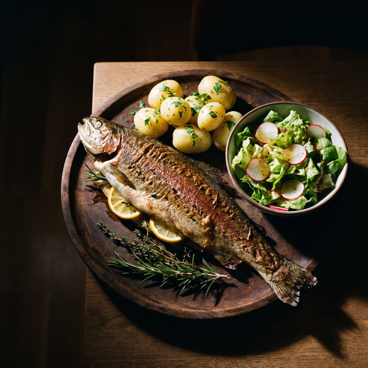 AI-generated photo: Oven trout with herb butter, potatoes and seasonal salad