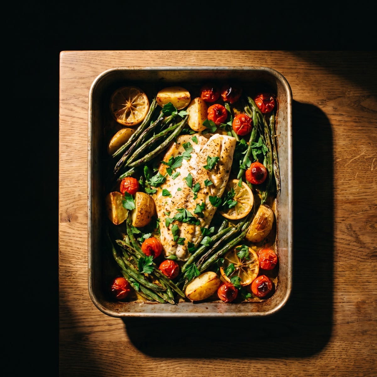 AI-generated photo: Baked white fish with lemon potatoes and green beans