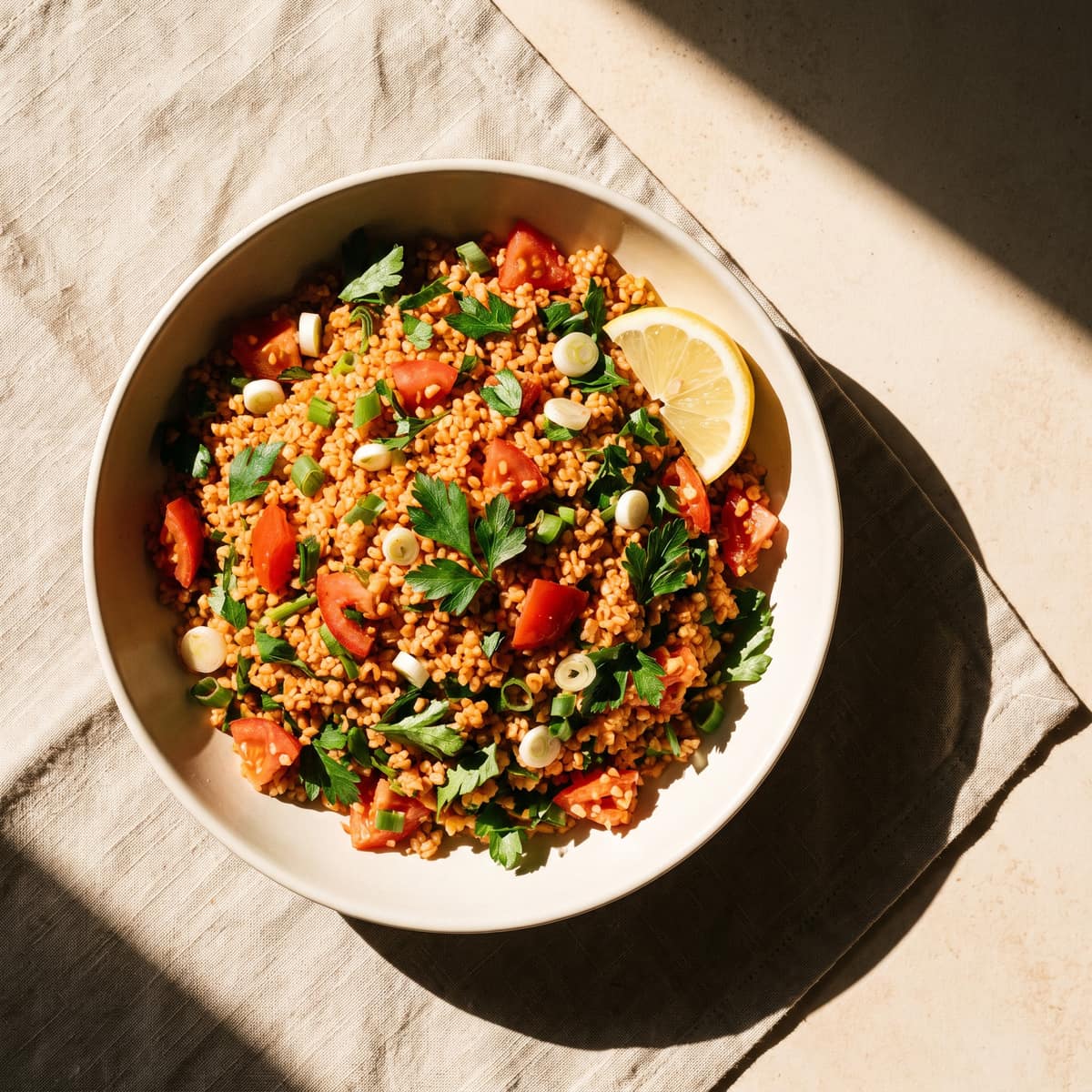 AI-generated photo: Cold bulgur bowl with tomato paste, spring onions, parsley and lemon