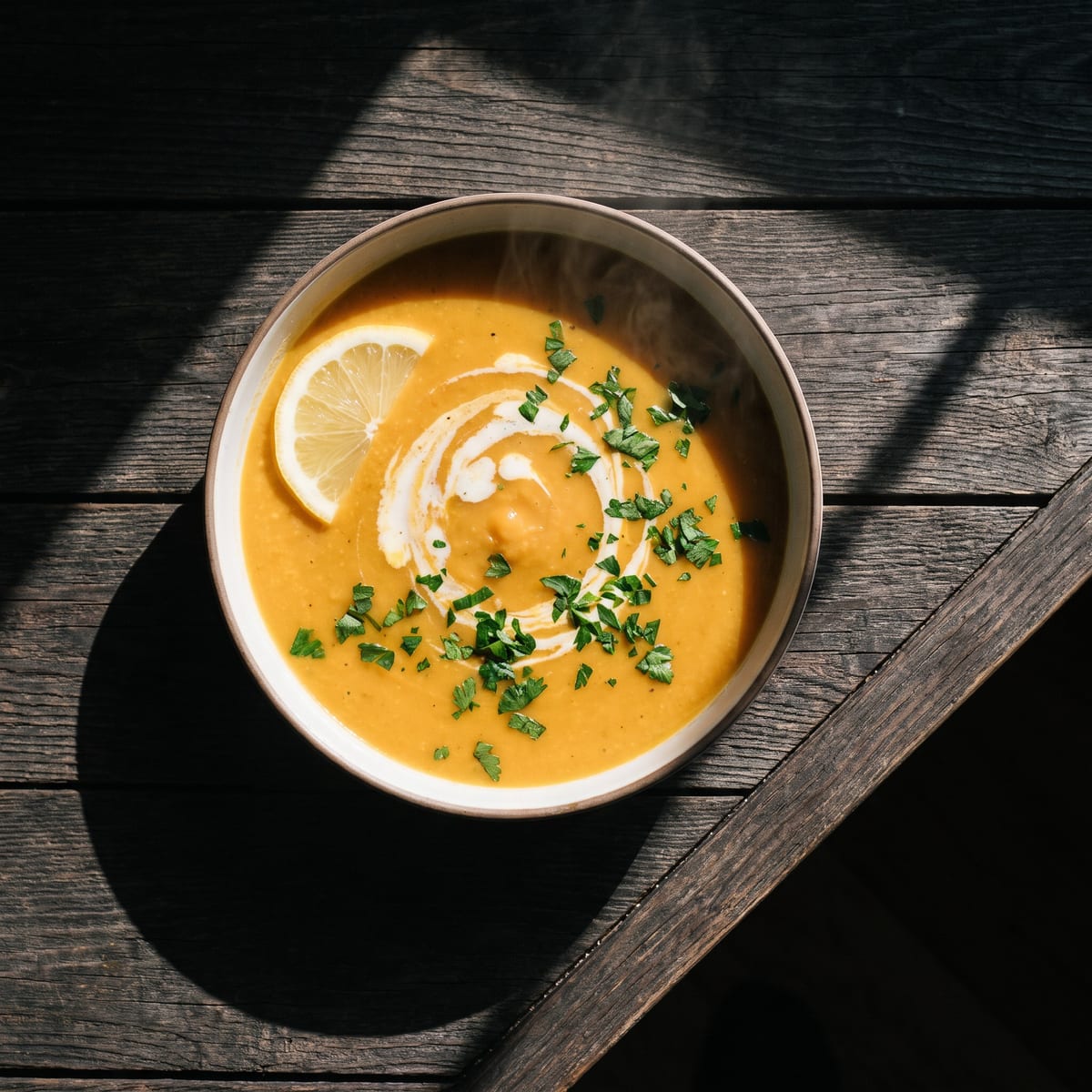 AI-generated photo: Red lentil soup with carrots, cumin and lemon