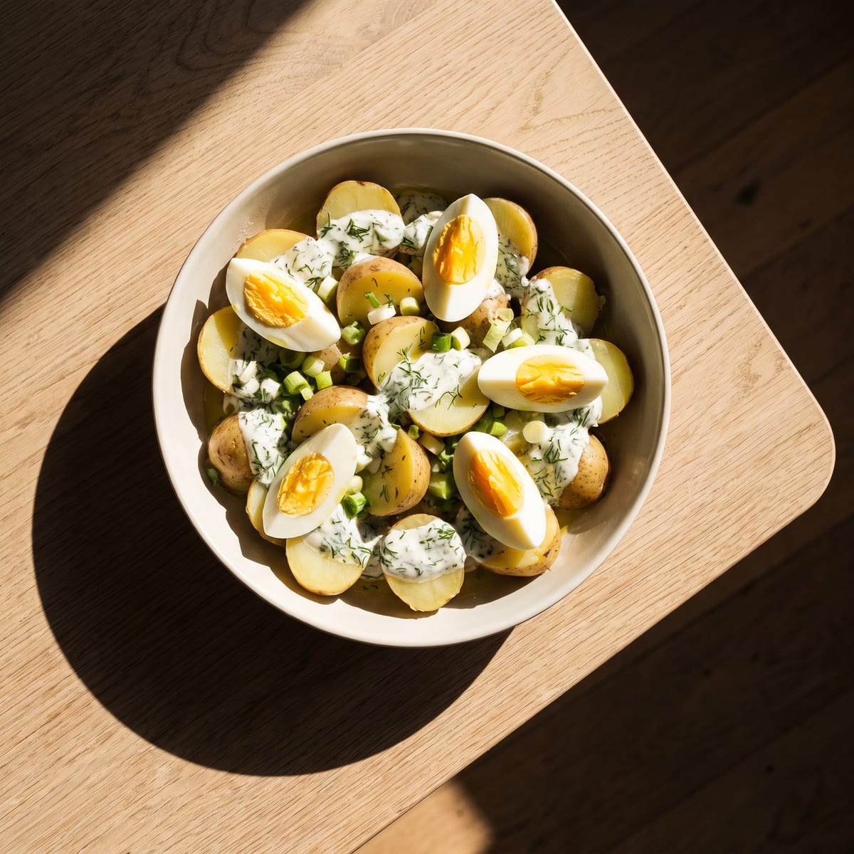 AI-generated photo: Potato salad with spring onions, dill, lemon yogurt and boiled eggs